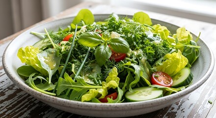 Fresh and healthy green salad with cherry tomatoes and cucumber in a bowl