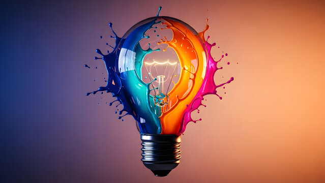 Stunning vibrant lightbulb explodes with brilliant colorful paint splashes symbolizing dynamic creativity and innovative ideas - Powered by Adobe