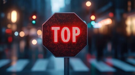 octagonal illuminated red neon sign displaying the word 'top' suspended in an urban cityscape with blurred lights and crosswalk in the background at dusk