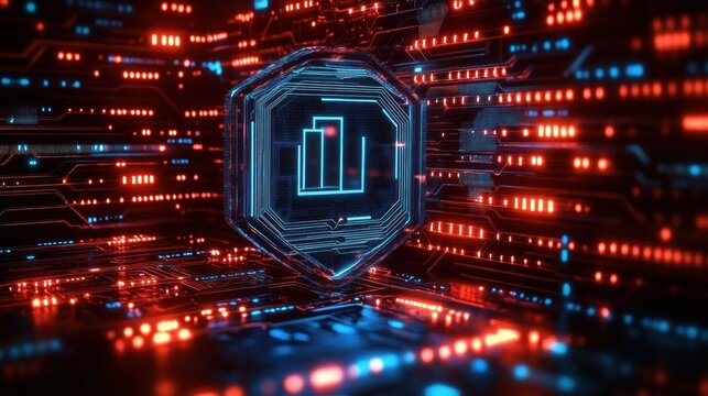 Glowing digital shield with circuit patterns and bar chart icon surrounded by vibrant red and blue illuminated microchip components
