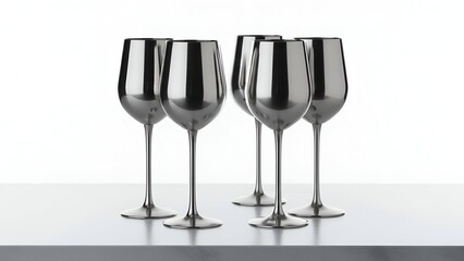 Five elegant, metallic wine glasses stand on a white surface, reflecting light