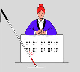 Visually impaired woman reading braille with cane promoting accessibility and inclusion for people with disabilities in education and technology settings