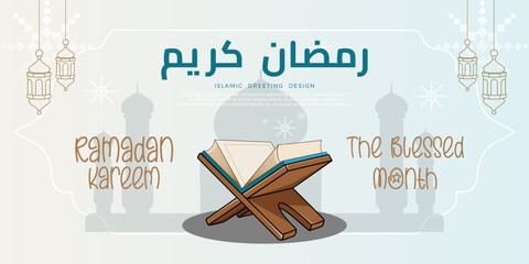 Ramadan kareem design with Quran and lantern decoration on white background