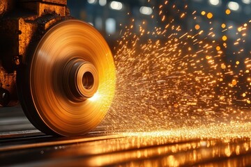 Bright orange sparks flying from a high-speed grinding wheel in an industrial workshop with blurred background lights