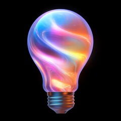 Glowing light bulb with swirling colorful iridescent patterns in blue, pink, orange and purple shades against a black background, symbolizing creativity and innovation