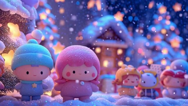 Adorable chibi characters stand in a magical, snowy winter wonderland at night with glowing festive lights.