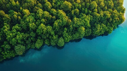 Aerial view of dense green forest bordering calm blue water creating a peaceful natural landscape