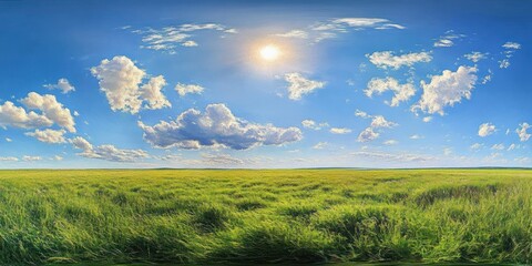 sun shining over vast green grassy field under a blue sky scattered with white fluffy clouds on a bright sunny day