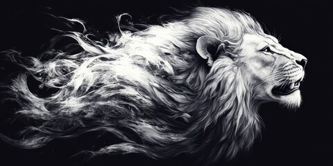 Monochrome detailed side profile of a majestic lion with flowing mane blending into smoke wisps against a dark background, evoking strength and wild beauty