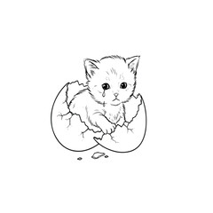 Cute Crying Kitten in Broken Eggshell Line Art.