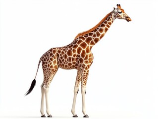 Naklejka premium Side view of a standing giraffe with detailed brown and white patterned fur on a white background