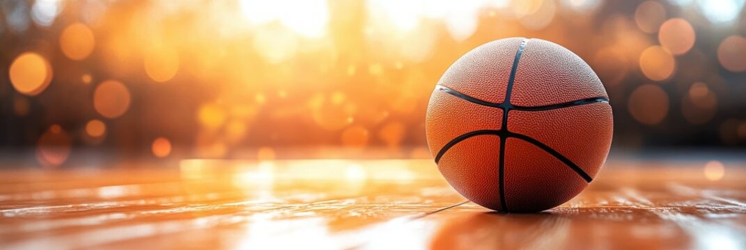 Close-up of a basketball resting on an outdoor wooden court with glowing warm sunlight and blurred bokeh background - Powered by Adobe
