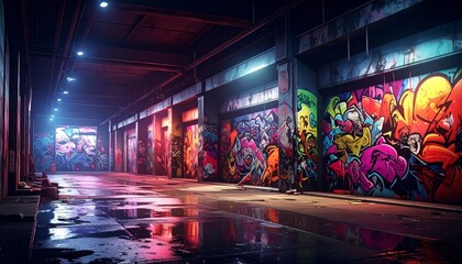 Vibrant graffiti art adorning a gloomy urban underpass during nighttime