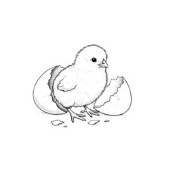 Newly hatched chick standing next to its broken eggshell black and white illustration.
