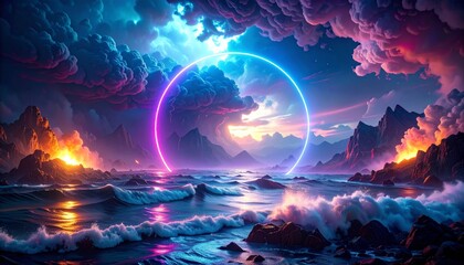 Neon glowing portal ring over stormy ocean landscape at dusk