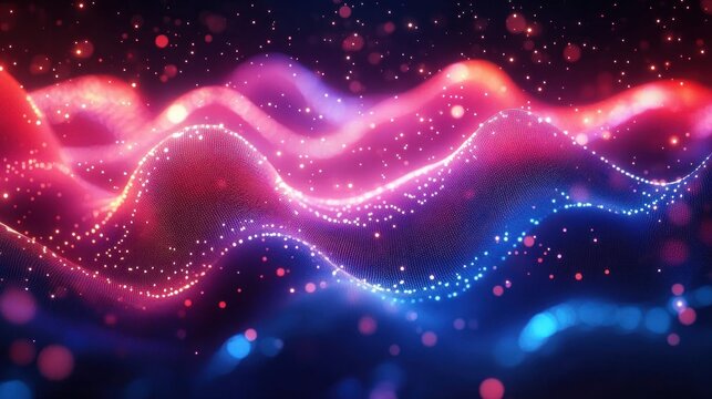 Abstract flowing digital waveforms with glowing particles in vibrant pink, purple, and blue colors creating a sense of movement and energy