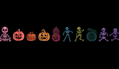 Colorful neon halloween-themed art icons featuring skeletons, jack-o'-lantern pumpkins, gourds, and a pineapple in vibrant glowing outlines
