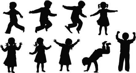 Children silhouettes, playful poses, jumping kids, running children, handstand fun, energetic youth, childhood joy, dynamic movement, happy kids, outdoor play, active lifestyle, carefree moments