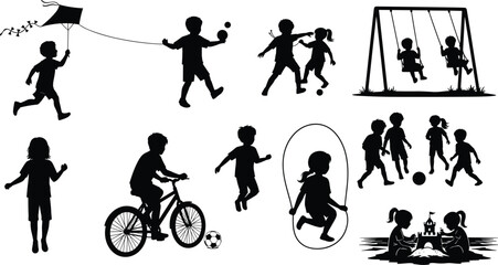 Children silhouettes, outdoor play, active kids, playground fun, sports activity, childhood joy, recreational movement, social interaction, energetic youth, summer games, teamwork, carefree moments