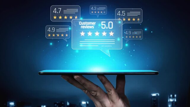 Customer centric review and rating system support product review, digital rating concept, and customer give good trust by visualizing people choice through stars and feedback content technology Marrow