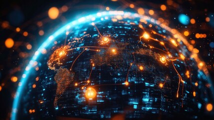 Glowing digital globe with illuminated network connections representing global data flow and technology in a futuristic blue and orange light composition