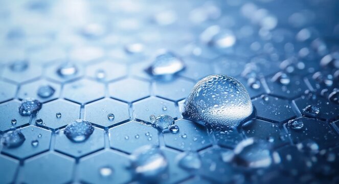 Close-up of clear water droplets on a blue hexagonal patterned surface creating a fresh and serene atmosphere