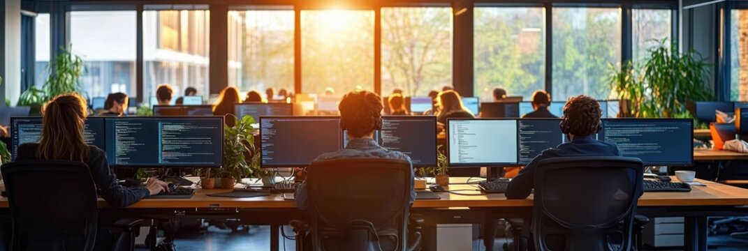 Office workspace with multiple people working on computers showing code on screens during sunset with plants on desks creating productive and focused atmosphere