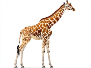 Fototapeta premium A tall adult giraffe standing with its long neck extended, showcasing distinctive brown and white patchy fur pattern against a white background