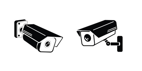 Wall mounted security camera silhouettes. Outdoor CCTV video surveillance system and building protection vector icon.