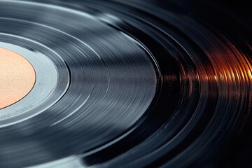 Close-up of a vinyl record showing the grooves with soft reflections and warm light on its surface