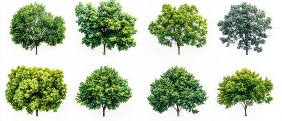 Obraz premium Collection of eight different green leafy trees isolated on white background showing various shapes and foliage densities