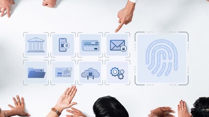 Diverse professionals collaborate on a digital project, with hands reaching out to technology icons that symbolize data security, communication, and innovation. Raster - Powered by Adobe