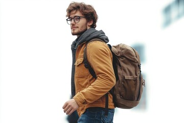 Fototapeta premium young man wearing glasses and a mustard jacket with a large brown backpack walking confidently outdoors with a casual urban background