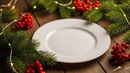 Festive Christmas table setting with an empty white ceramic plate, fir branches, red berries, and glowing lights on a rustic wooden background