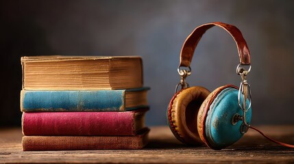 Antique Books And Headphones Stacked On Wooden Table With Dramatic Lighting