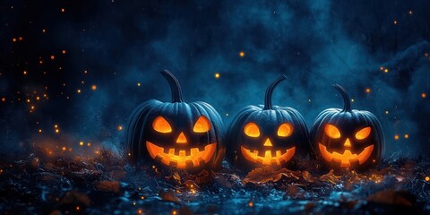 Three glowing carved pumpkins with different smiling faces sitting on dry leaves in dark foggy environment with floating embers creating a spooky Halloween atmosphere