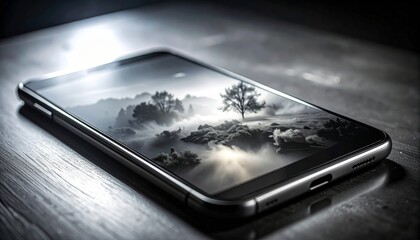 Smartphone displaying a monochrome artistic landscape with misty trees and sunlight