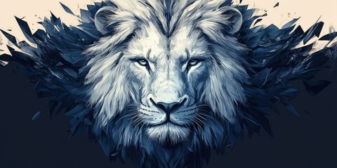 Close-up artistic illustration of a majestic white lion head with piercing blue eyes and a flowing mane in abstract sharp dark shapes background conveying strength and calmness