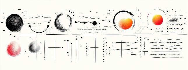 Abstract arrangement of black and red circular shapes, lines, dots, and waves on a white background conveying a modern artistic and dynamic composition