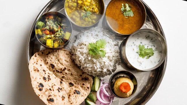 Traditional indian thali meal with rice, roti, curry, raita, and pickle on steel plate