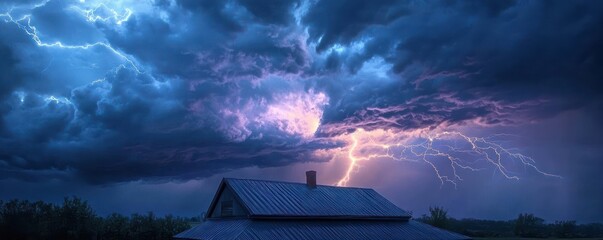 Dramatic lightning strike illuminating stormy dark clouds over a house rooftop at night with intense electric energy