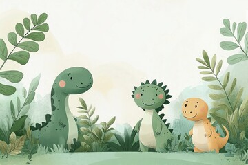 Naklejka premium Three smiling cartoon dinosaurs standing among green leafy plants with soft pastel background, creating a cheerful and playful scene