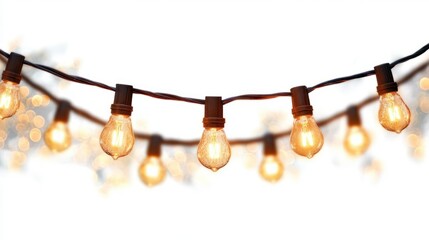 Close-up of warm glowing string lights with visible filaments creating a cozy and inviting atmosphere against a bright background