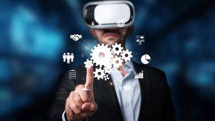 A businessman engages with virtual reality technology, showcasing digital innovation. Gears and data visuals represent growth and strategic planning in a modern office environment. Raster - Powered by Adobe