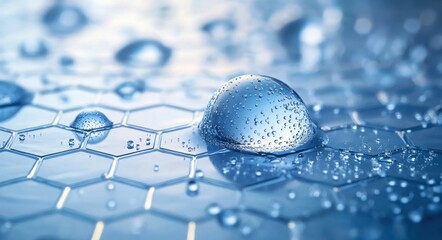Close-up image of water droplets on a hexagonal patterned surface with a focus on a large central droplet reflecting light and smaller droplets scattered around