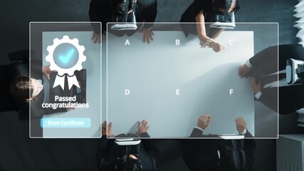 A group of professionals celebrating an achievement in a modern office environment, featuring digital verification and checklists on a conference table. Raster