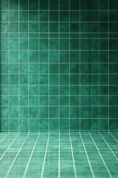 Empty indoor swimming pool with green tiled walls and floor reflecting light creating a calm and serene atmosphere
