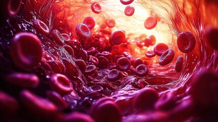 Close-up view inside a blood vessel showing numerous red blood cells flowing through a textured vessel wall illuminated by vibrant light