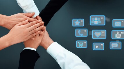 Collective hands symbolize teamwork and collaboration, set against a backdrop of digital icons that represent social media, online interaction, and customer engagement. Raster - Powered by Adobe