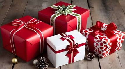 Christmas Gift Boxes Wrapped in Festive Paper and Ribbons